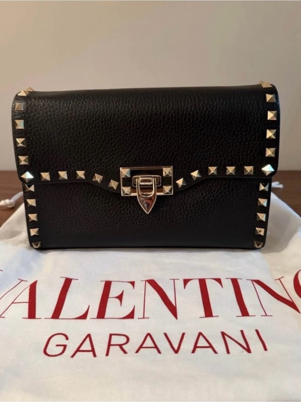 Valentino Garavani Black Leather Rockstud Crossbody with Gold Hardware